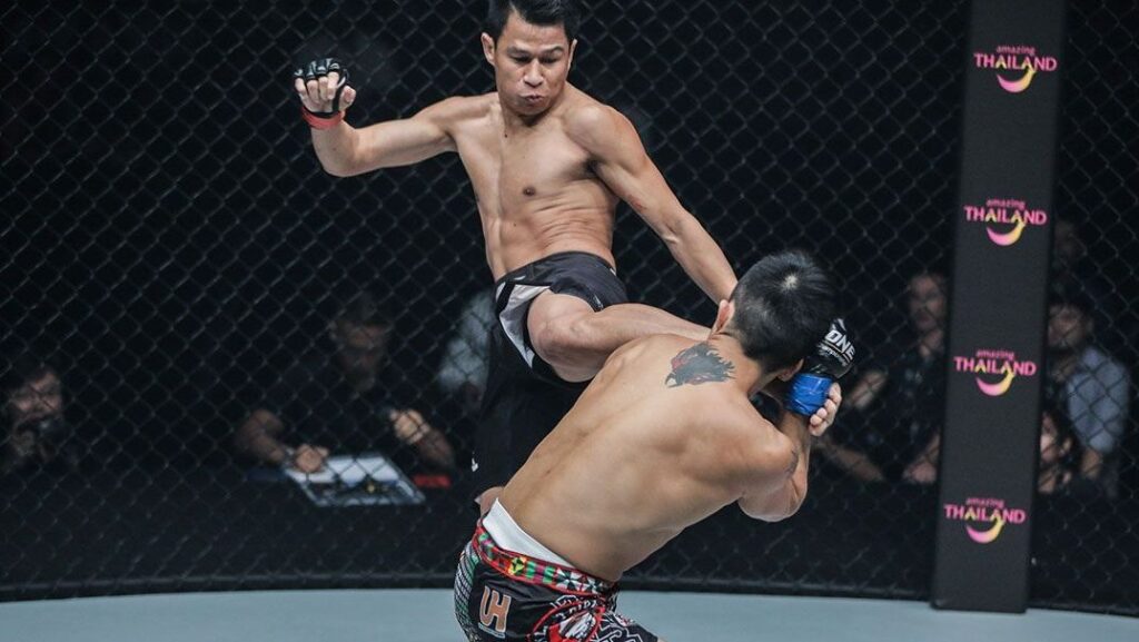 Sagetdao throws a Muay Thai kick during a ONE Championship MMA fight.