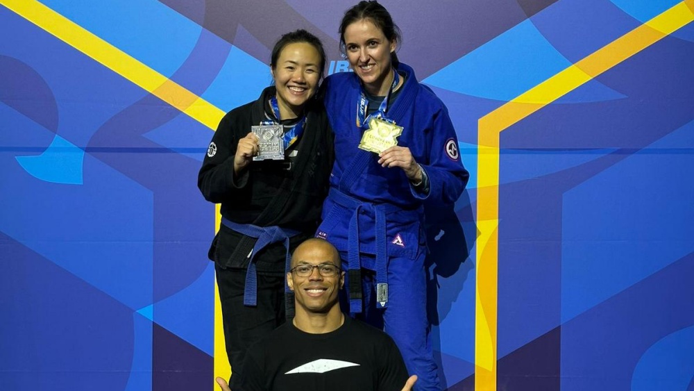 BJJ Champion and Evolve Instructor Fabio da Mata with gold and silver medalists Bruna Senato and Charlene Tan Xuan Li.