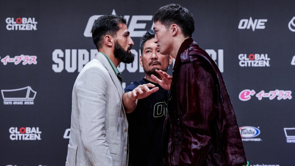 A Standoff between Marat Grigorian Vs. Rukiya Anpo during the ONE 173 press conference. 